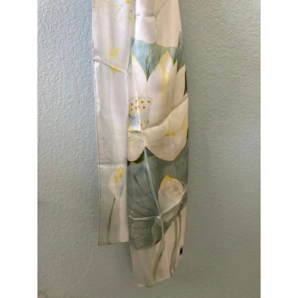 Women's Silk Green Lotus Leaves Long Scarf Shawl for Head Neck and Hair Wrap - Picture 2 of 10